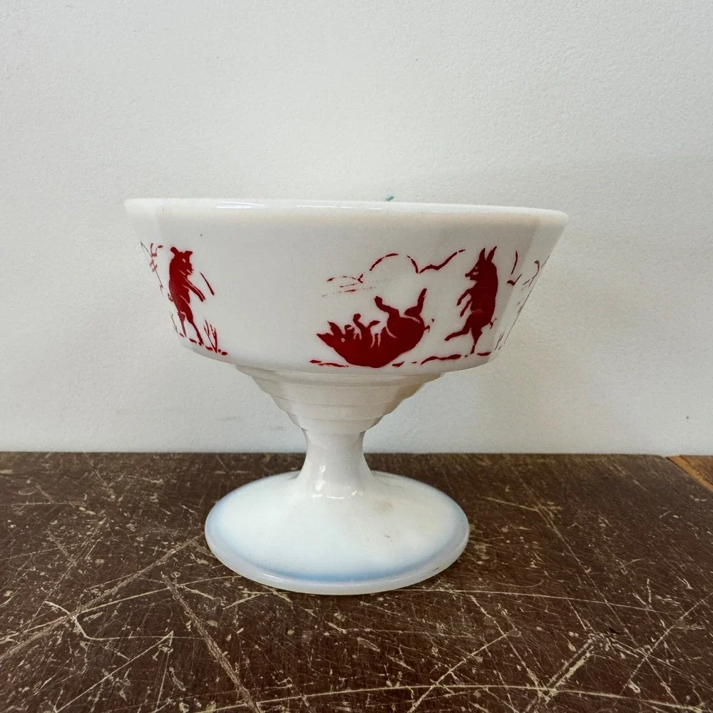 Hazel Atlas Milk‎ Glass Dancing Pigs Footed Dessert Bowl Red Ring of Fire